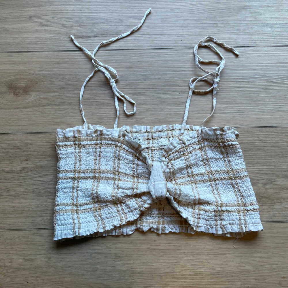 American Eagle Tan White Plaid Smocked Tie Strap Crop Top Medium
